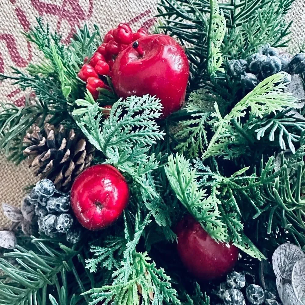 Vintage Winter Apples Evergreen Small Decorative Wreath Candle Ring